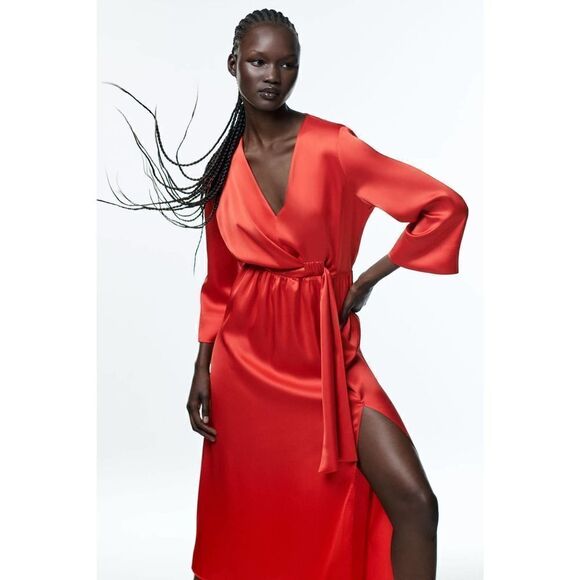ZARA RED SATIN MIDI DRESS NEW - Picture 9 of 10